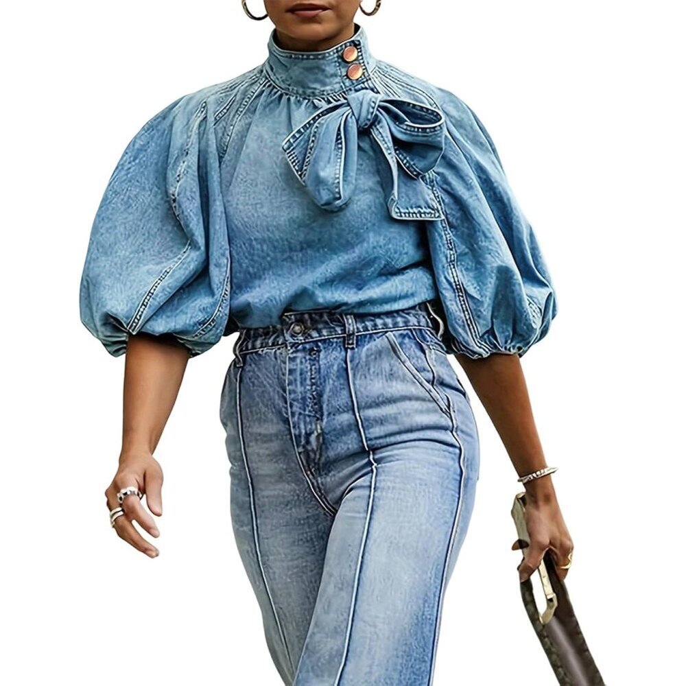 Women's Denim Pullover Top Large Puff Sleeves Button High Neck Fashion